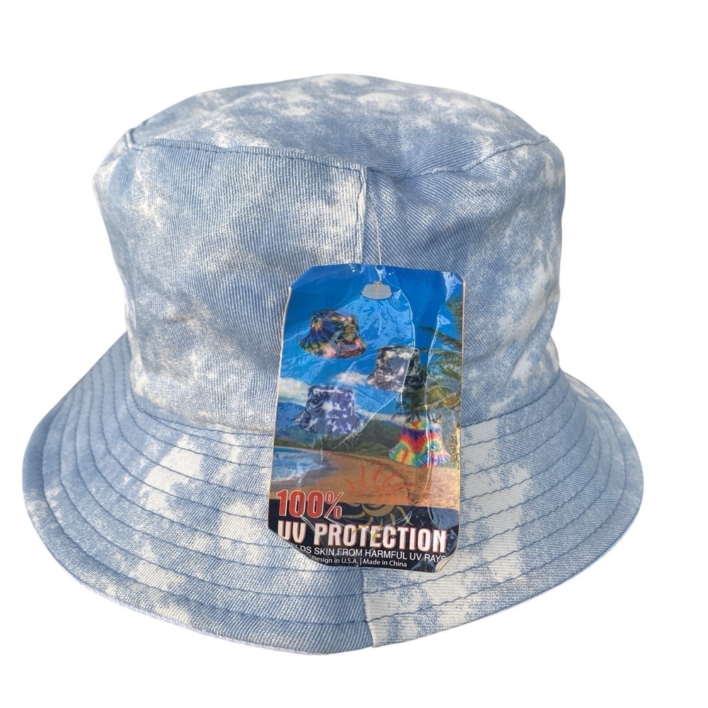 Bucket Hat Cap Tie-Dye Blue White Reversible Beach Cruise Vacation VTG Y2K